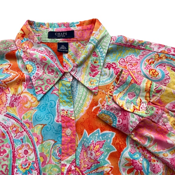 Chaps Tops - CHAPS By Ralph Lauren Women’s XL Pink Orange Paisley 100% Cotton Button Blouse